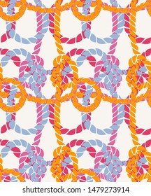 Seamless marine rope knot pattern. Endless illustration with color rope ornament and nautical sea knots. Trendy maritime style background. Rope texture. Ready for textile, fabric prints, wrapping. 