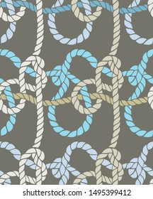 Seamless marine rope knot pattern. Endless illustration with color rope ornament and nautical sea knots. Trendy maritime style background. Rope texture. Ready for textile, fabric prints, wrapping. 