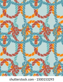 Seamless marine rope knot pattern. Endless illustration with color rope ornament and nautical sea knots. Trendy maritime style background. Rope texture. Ready for textile, fabric prints, wrapping. 