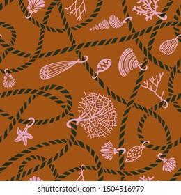 Seamless marine rope knot pattern. Illustration with color ropes ornament and seashells, corals, alga and starfishes. Trendy fashion maritime style background. Rope texture. For textile, fabric print.