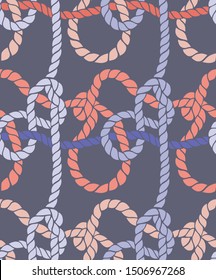 Seamless marine rope knot pattern. Endless illustration with color rope ornament and nautical sea knots. Trendy maritime style background. Rope texture. Ready for textile, fabric prints, wrapping. 