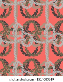 Seamless marine rope knot pattern. Endless illustration with color rope ornament and nautical sea knots. Trendy maritime style background. Rope texture. Ready for textile, fabric prints, wrapping. 