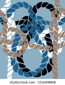 Seamless marine rope knot pattern. Endless illustration with color rope ornament and nautical sea knots. Trendy maritime style background. Rope texture. Ready for textile, fabric prints, wrapping. 
