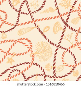 Seamless marine rope knot pattern. Illustration with color ropes ornament and Jewelry made of seashells, corals, algae and starfish. Trendy fashion maritime style background. Rope texture.