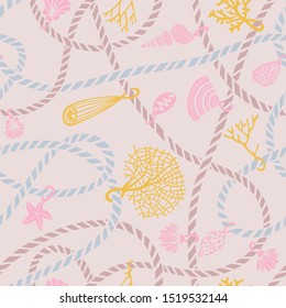 Seamless marine rope knot pattern. Illustration with color ropes ornament and Jewelry made of seashells, corals, algae and starfish. Trendy fashion maritime style background. Rope texture.