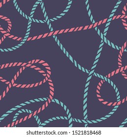 Seamless marine rope knot pattern. Endless illustration with color rope ornament and nautical sea knots. Trendy maritime style background. Rope texture. For textile, fabric prints, wrapping. 