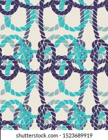 Seamless marine rope knot pattern. Endless illustration with color rope ornament and nautical sea knots. Trendy maritime style background. Rope texture. Ready for textile, fabric prints, wrapping. 