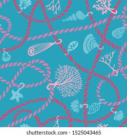 Seamless marine rope knot pattern. Illustration with color ropes ornament and Jewelry made of seashells, corals, algae and starfish. Trendy fashion maritime style background. Rope texture.