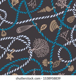 Seamless marine rope knot pattern. Illustration with color ropes ornament and Jewelry made of seashells, corals, algae and starfish. Trendy fashion maritime style background. Rope texture.