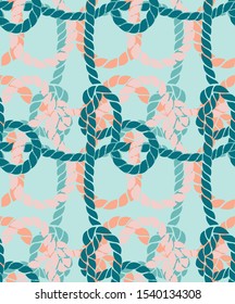 Seamless marine rope knot pattern. Endless illustration with color rope ornament and nautical sea knots. Trendy maritime style background. Rope texture. Ready for textile, fabric prints, wrapping. 