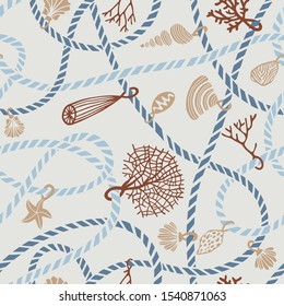 Seamless marine rope knot pattern. Illustration with color ropes ornament and Jewelry made of seashells, corals, algae and starfish. Trendy fashion maritime style background. Rope texture.