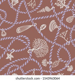 Seamless marine rope knot pattern. Illustration with color ropes ornament and Jewelry made of seashells, corals, algae and starfish. Trendy fashion maritime style background. Rope texture.