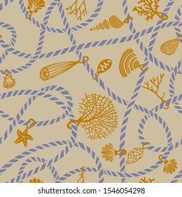 Seamless marine rope knot pattern. Illustration with color ropes ornament and Jewelry made of seashells, corals, algae and starfish. Trendy fashion maritime style background. Rope texture.