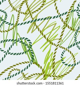 Seamless marine rope knot pattern. Endless illustration with color rope ornament and nautical sea knots. Trendy maritime style background. Rope texture. For textile, fabric prints, wrapping. 