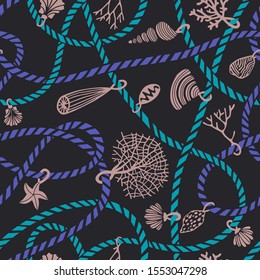 Seamless marine rope knot pattern. Illustration with color ropes ornament and Jewelry made of seashells, corals, algae and starfish. Trendy fashion maritime style background. Rope texture.