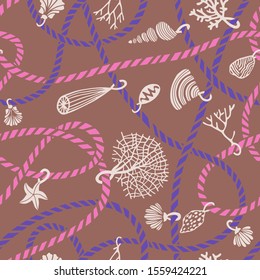Seamless marine rope knot pattern. Illustration with color ropes ornament and Jewelry made of seashells, corals, algae and starfish. Trendy fashion maritime style background. Rope texture.