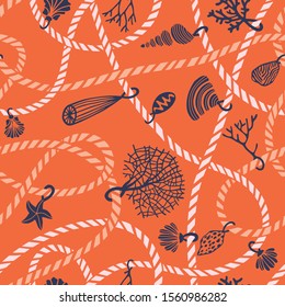 Seamless marine rope knot pattern. Illustration with color ropes ornament and Jewelry made of seashells, corals, algae and starfish. Trendy fashion maritime style background. Rope texture.