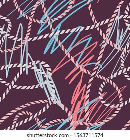 Seamless marine rope knot pattern. Endless illustration with color rope ornament and nautical sea knots. Trendy maritime style background. Rope texture. For textile, fabric prints, wrapping. 