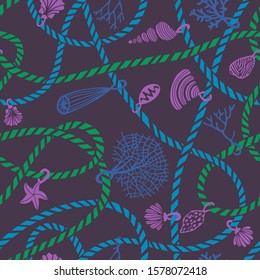 Seamless marine rope knot pattern. Illustration with color ropes ornament and Jewelry made of seashells, corals, algae and starfish. Trendy fashion maritime style background. Rope texture.