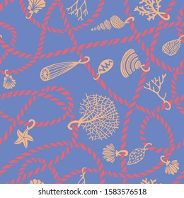 Seamless marine rope knot pattern. Illustration with color ropes ornament and Jewelry made of seashells, corals, algae and starfish. Trendy fashion maritime style background. Rope texture.