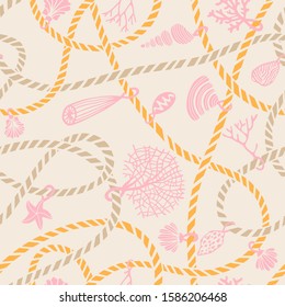 Seamless marine rope knot pattern. Illustration with color ropes ornament and Jewelry made of seashells, corals, algae and starfish. Trendy fashion maritime style background. Rope texture.