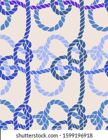 Seamless marine rope knot pattern. Endless illustration with color rope ornament and nautical sea knots. Trendy maritime style background. Rope texture. Ready for textile, fabric prints, wrapping. 
