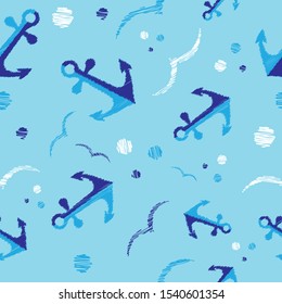 Seamless marine sea pattern anchors seagulls on blue background repeat endless background for textile, linens, curtains, fabric print, clothing, wallpapers