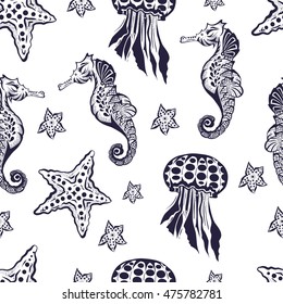 Seamless Marine theme  background. Endless pattern with seahorse, jellyfish and starfish