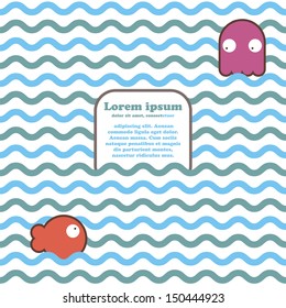 Seamless marine wave pattern with fish, octopus and place for text. Vector illustration