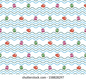 Seamless marine wave pattern with fish and octopus. Vector illustration