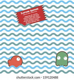 Seamless marine wave pattern with fish, octopus and place for text. Vector illustration 