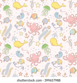 Seamless marine world pattern with fish, whale octopus, jellyfish, 
starfish, anchor and seaweed on light bakground. May use  for kids linen and wear