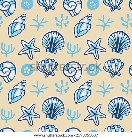 Seamless marine-themed pattern. Hand-drawn line art of various seashells, corals, starfish, and sand dollars in pastel shades of light beige and blue.