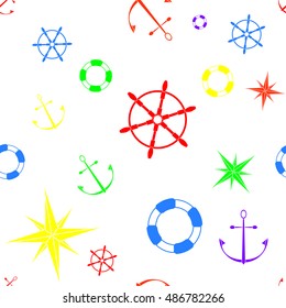 Seamless maritime pattern with anchors, stars, compasses, lifebuoys and wheels. Vector illustration