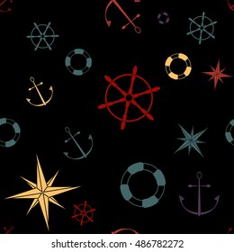 Seamless maritime pattern with anchors, stars, compasses, lifebuoys and wheels. Vector illustration