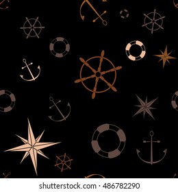 Seamless maritime pattern with anchors, stars, compasses, lifebuoys and wheels. Vector illustration
