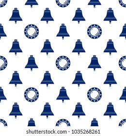 Seamless Maritime Pattern ,Blue Porthole and Bell on a White Background, Travel and Tourism Concept , Vector Illustration
