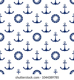 Seamless Maritime Pattern ,Blue Porthole and Anchor on a White Background, Travel and Tourism Concept , Vector Illustration