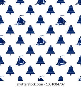 Seamless Maritime Pattern ,Blue Sailing Vessel and Bell on White Background, Travel and Tourism Concept , Vector Illustration