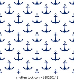 Seamless Maritime Pattern, Blue Ship Anchor on White Background , Vector Illustration