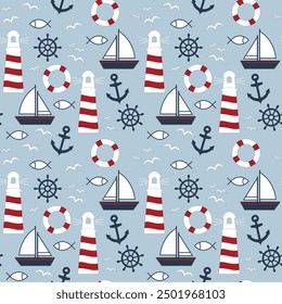 Seamless maritime pattern with lighthouse, anchor, sailing boat, fishes, seagulls, lifebuoy and steering wheel. Suitable for fabric and paper printing.