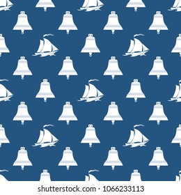 Seamless Maritime Pattern with Sailing Vessel and Bell, Travel and Tourism Concept , Vector Illustration