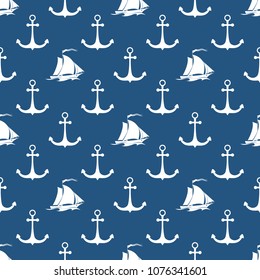 Seamless Maritime Pattern with Sailing Vessel and Anchor, Travel and Tourism Concept , Vector Illustration