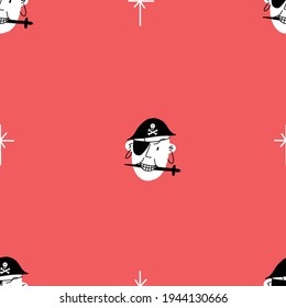 Seamless maroon red repeating vintage pirate character pattern with sword in mouth.