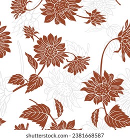 seamless maroon sunflower drawing pattern on white background, sunflower flowers in monochrome colors, ornament for wallpaper and fabrics, scrapbooking, textile.

