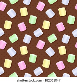 Seamless marshmallow pattern - brown polka dot back. Sweet food background. 