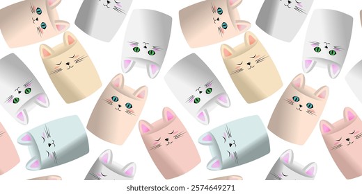 Seamless marshmallow vector pattern in the form of cute kittens. White background.