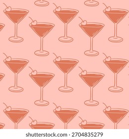 Padrão de coquetel de martini sem costura com cerejas em uma paleta retro suave. Ideal para design de menu de barras, embalagem, decoração de festa, têxteis e projetos elegantes com tema vintage.