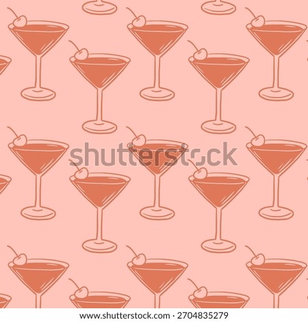Seamless martini cocktail pattern with cherries in a soft retro palette. Ideal for bar menu design, packaging, party decor, textiles and stylish vintage-themed projects.