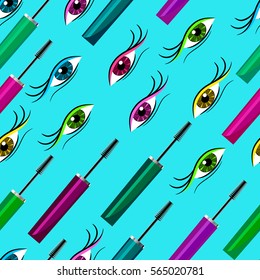 Seamless mascara for eyes and eyes pattern. Vector illustration.